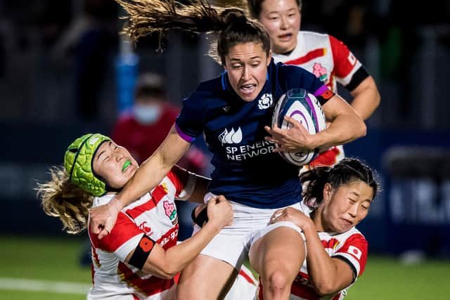 Scotland's Rhona Lloyd attracts the attention of three Japan players during the Autumn Test match at the DAM Health Stadium, Edinburgh (Photo by Ross Parker / SNS Group)