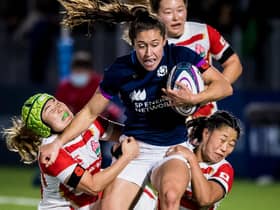 Scotland's Rhona Lloyd attracts the attention of three Japan players during the Autumn Test match at the DAM Health Stadium, Edinburgh (Photo by Ross Parker / SNS Group)