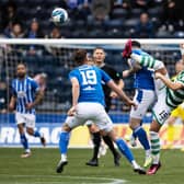 Celtic's Hyeon-gyu Oh with a high tackle on Kilmarnock's Liam Donnelly that earned a yellow card from referee David Dickinson. (Photo by Craig Williamson / SNS Group)