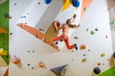 Young woman jumping on handhold in indoor bouldering gym Pic:Andrey Bandurenko/Adobe
