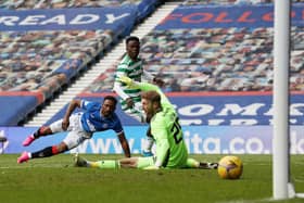 Jermain Defoe finishes off a fine individual goal to complete the scoring in Rangers' 4-1 win over Celtic at Ibrox on May 2. (Photo by Ian MacNicol/Getty Images)
