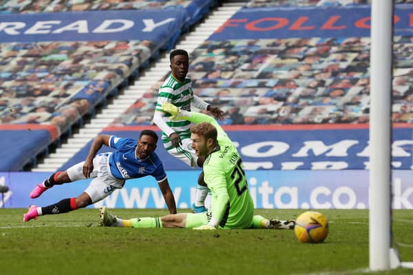 Jermain Defoe finishes off a fine individual goal to complete the scoring in Rangers' 4-1 win over Celtic at Ibrox on May 2. (Photo by Ian MacNicol/Getty Images)