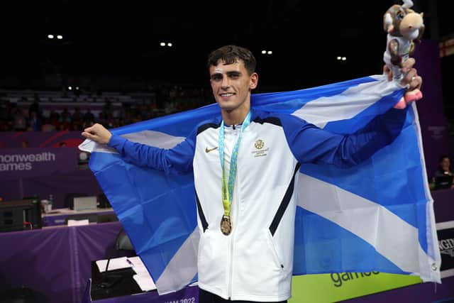 Gold medalist Reese Lynch of Team Scotland celebrates after victory in the Men's Boxing Over 60kg-63.5kg (Light Welterweight) final. (Photo by Eddie Keogh/Getty Images)