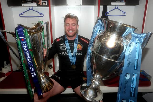 Scotland captain Stuart Hogg poses with the Gallagher Premiership trophy and the Heineken Champions Cup after helping Exeter Chiefs win the double. Picture: David Rogers/Getty Images