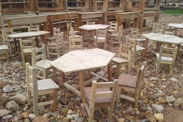 Desks and chairs Pippa donated to the school she supports in Ghana on her 21st birthday while she was stuck in lockdown in Edinburgh