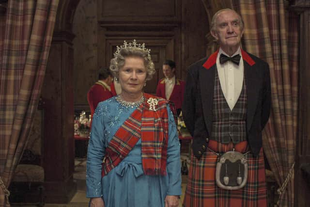 Imelda Staunton as Queen Elizabeth II and Jonathan Pryce as Prince Phillip in The Crown.