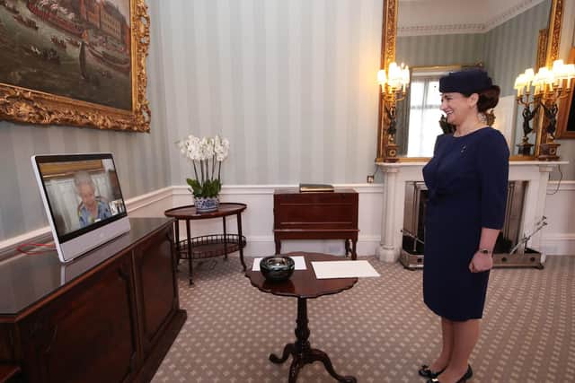 Her Excellency Ivita Burmistre, the Ambassador of Latvia, at Buckingham Palace, London.