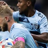 Sporting Kansas City's Johnny Russell, front, and Khiry Shelton celebrate Russell's goal against Vancouver Whitecaps on October 17. Photo by Canadian Press/Shutterstock (12542726i)