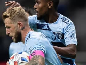 Sporting Kansas City's Johnny Russell, front, and Khiry Shelton celebrate Russell's goal against Vancouver Whitecaps on October 17. Photo by Canadian Press/Shutterstock (12542726i)