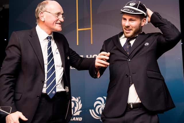 Ali Price receives first cap from former SRU president Rob Flockhart after the Georgia game in 2016. Picture: Gary Hutchison/SNS