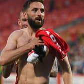 Aberdeen's Graeme Shinnie celebrates as the club secure third place in the Premiership after a 3-0 win over St Mirren at Pittodrie. (Photo by Craig Foy / SNS Group)