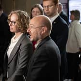 Scottish Green Party co-leaders Lorna Slater and Patrick Harvie speak to the media at Holyrood after Humza Yousaf pulled the plug on the Bute House agreement (Picture: Lesley Martin/PA Wire)