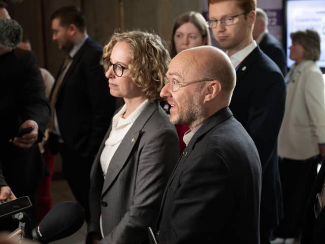 Scottish Green Party co-leaders Lorna Slater and Patrick Harvie speak to the media at Holyrood after Humza Yousaf pulled the plug on the Bute House agreement (Picture: Lesley Martin/PA Wire)