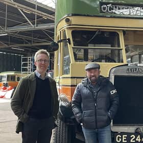 Glasgow Vintage Vehicle Trust chairman Steven Booth with Sir Brian Souter and the 1928 Leyland Titan. (Photo by GVVT)