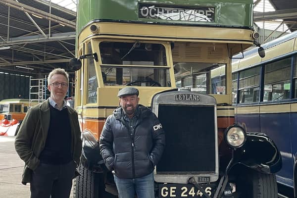Glasgow Vintage Vehicle Trust chairman Steven Booth with Sir Brian Souter and the 1928 Leyland Titan. (Photo by GVVT)