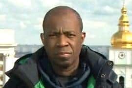 Clive Myrie during a televised BBC report from Ukraine. Picture: BBC