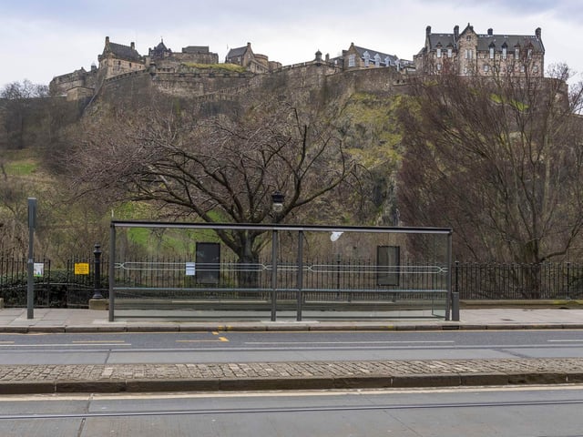A bus stop on Princes Street is empty amid the ongoing coronavirus pandemic. (Photo by Mark Scates / SNS Group)
