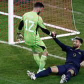Scotland keeper Liam Kelly helps up France striker Olivier Giroud.