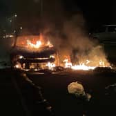 A Ford Focus car set alight on Highmead Road, Ely, Cardiff (Photo: Bronwen Weatherby/PA Wire)