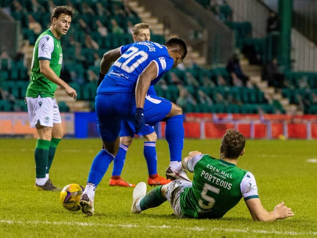 Rangers' Alfredo Morelos appears to stamp on Hibernian's Ryan Porteous during their latest head to head at Easter Road. Photo by Craig Williamson / SNS Group