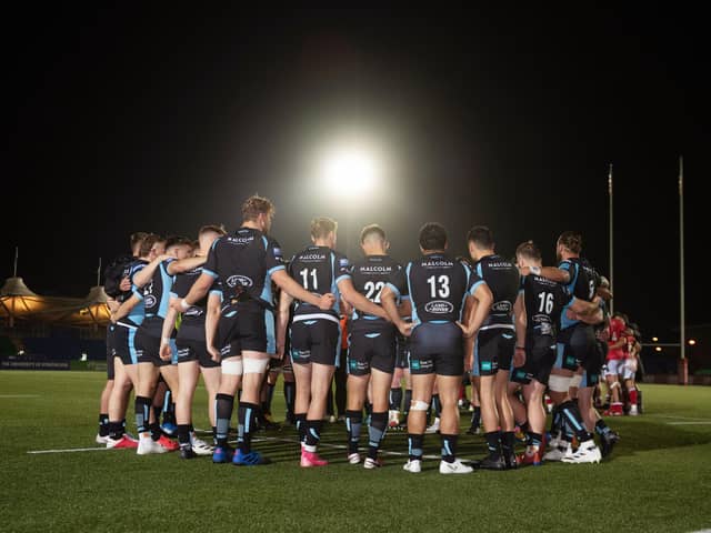 The Glasgow Warriors players huddle at full time after the 12-7 defeat by Newcastle Falcons. Picture: Ross MacDonald/SNS