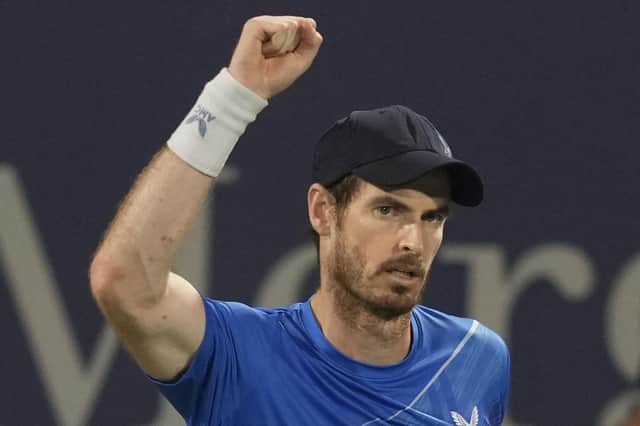 Andy Murray of Britain celebrates after he beats Christopher O'Connell of Australia during a match of the Dubai Duty Free Tennis Championship.
