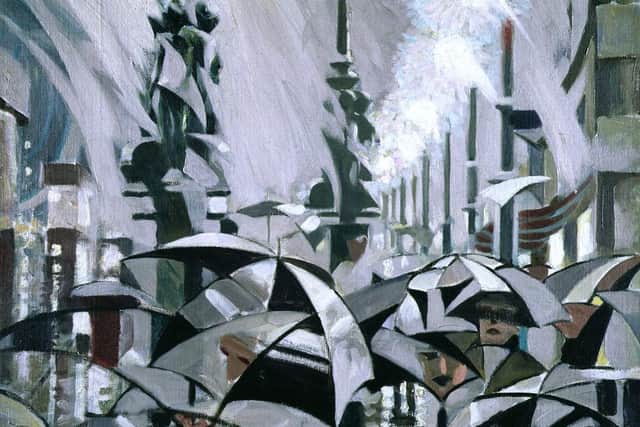 Detail from Rain on Princes Street by Stanley Cursiter at the McManus in Dundee