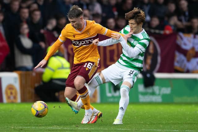 Motherwell's Callum Slattery felt he was fouled by Kyogo Furhashi in the build-up to Celtic's opening goal. (Photo by Craig Foy / SNS Group)