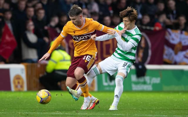 Motherwell's Callum Slattery felt he was fouled by Kyogo Furhashi in the build-up to Celtic's opening goal. (Photo by Craig Foy / SNS Group)