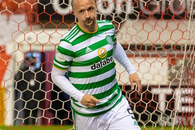ABERDEEN, SCOTLAND - APRIL 21: Leigh Griffiths makes it 1-1 during a Scottish Premiership match between Aberdeen and Celtic at Pittodrie Stadium, on April 21, 2021, in Aberdeen, Scotland. (Photo by Ross Parker / SNS Group)