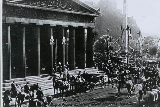 Royal visit to the 85th RSA Annual Exhibition in July 1911, with George V and Queen Mary entering the RSA