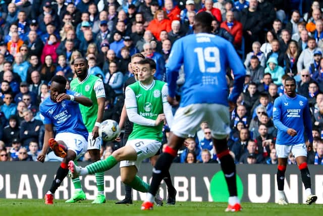 Rabbi Matondo fires home Rangers' third goal in the victory over Hibs.