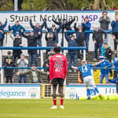 Morton's Robbie Crawford celebrates scoring to make it 2-1 during a cinch Championship match between Greenock Morton and Queen's Park at Cappielow Park, on April 29, 2023, in Greenock, Scotland.  (Photo by Roddy Scott / SNS Group)