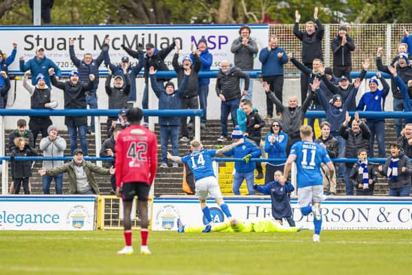 Morton's Robbie Crawford celebrates scoring to make it 2-1 during a cinch Championship match between Greenock Morton and Queen's Park at Cappielow Park, on April 29, 2023, in Greenock, Scotland.  (Photo by Roddy Scott / SNS Group)