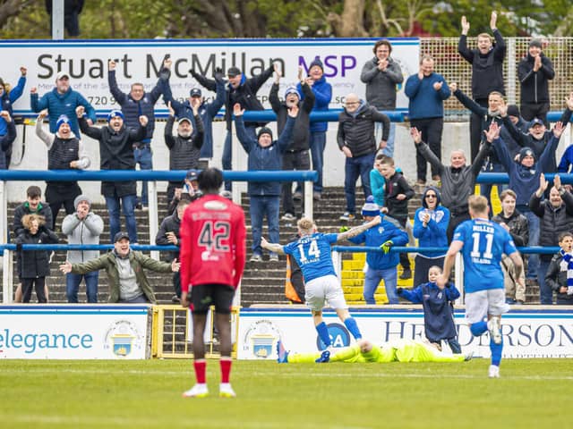 Morton's Robbie Crawford celebrates scoring to make it 2-1 during a cinch Championship match between Greenock Morton and Queen's Park at Cappielow Park, on April 29, 2023, in Greenock, Scotland.  (Photo by Roddy Scott / SNS Group)