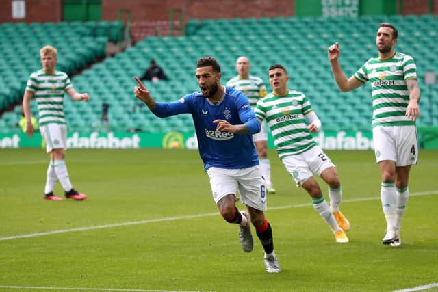 Rangers defender Connor Goldson celebrates scoring the first of his two goals in the 2-0 win at Celtic Park in the first Old Firm match of last season. (Photo by Ian MacNicol/Getty Images)
