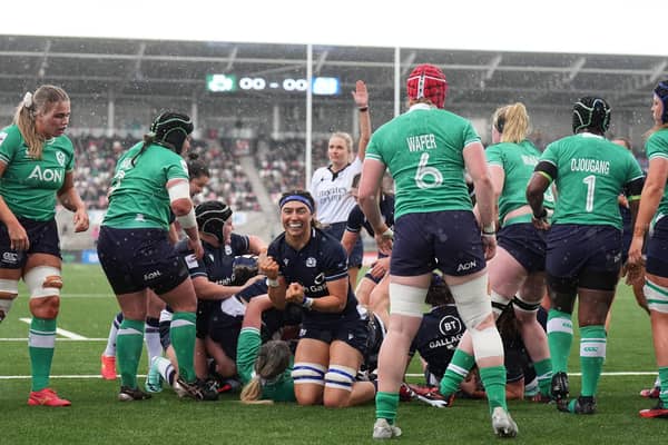 Scotland's Emma Wassell celebrates Elis Martin's try during the Guinness Women's Six Nations match  against Ireland at the Kingspan Stadium, Belfast. Picture: Niall Carson/PA