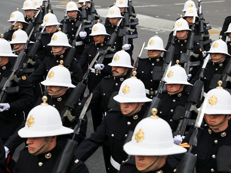 Troops parade in London, ahead of the coronation of King Charles III and Queen Camilla on Saturday.