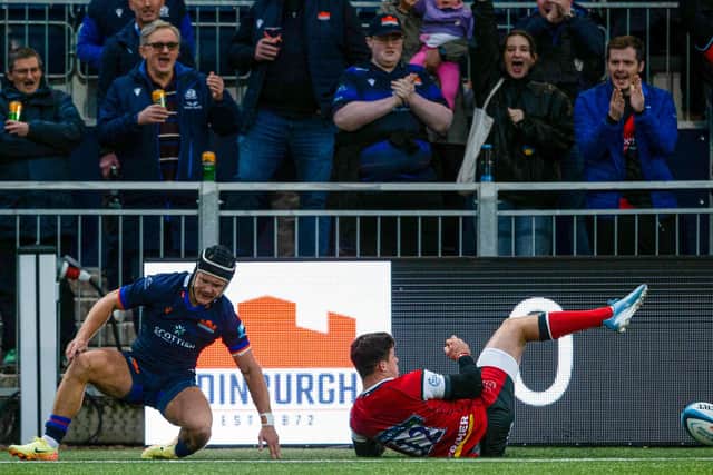 Darcy Graham marked his comeback from injury with a try for Edinburgh in the pre-season friendly against Gloucester at Hive Stadium. (Photo by Ewan Bootman / SNS Group)