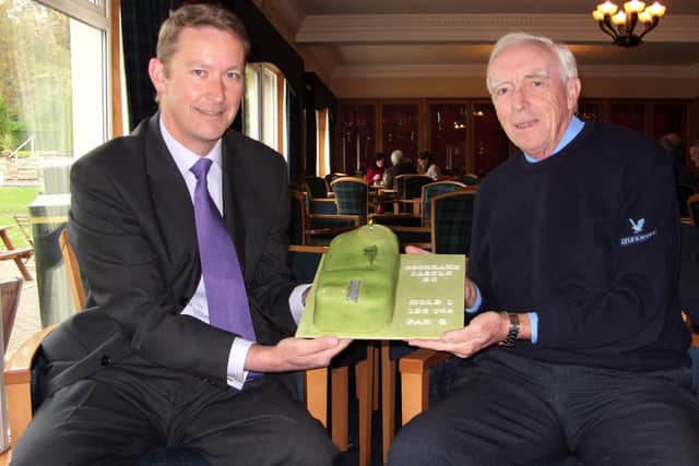 Bill Mitchell, right, pictured at Cochrane Castle Golf Club with former Head of Handicapping at Scottish Golf and latterly Assistant Director of Handicapping at The R&A, Kevin Weir. Picture: Scottish Golf
