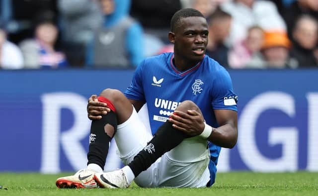 Rabbi Matondo goes down injured during Rangers' 1-0 win over Motherwell at Ibrox. (Photo by Ross MacDonald / SNS Group)