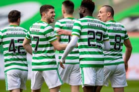 GLASGOW, SCOTLAND - FEBRUARY 27:  Celtic’s Odsonne Edouard celebrates with Ryan Christie after scoring to make it 1-0during the Scottish Premiership match between Celtic and Aberdeen at Celtic Park on February 27, 2021, in Glasgow, Scotland. (Photo by Rob Casey / SNS Group)
