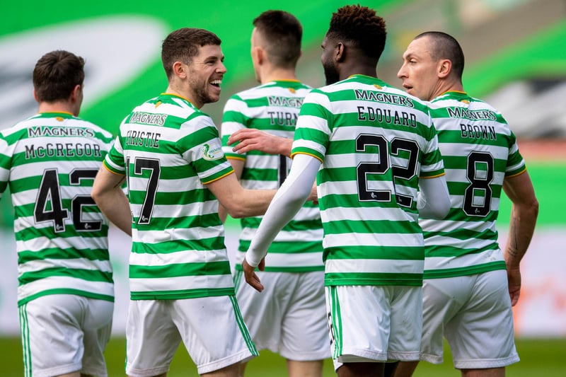 GLASGOW, SCOTLAND - FEBRUARY 27: Celtic’s Odsonne Edouard celebrates with Ryan Christie after scoring to make it 1-0during the Scottish Premiership match between Celtic and Aberdeen at Celtic Park on February 27, 2021, in Glasgow, Scotland. (Photo by Rob Casey / SNS Group)
