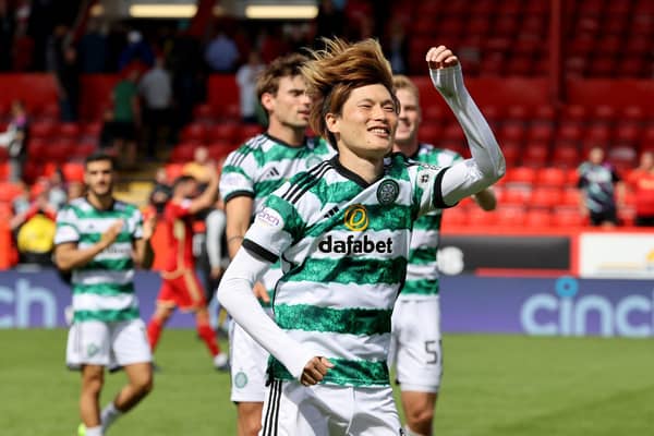 Celtic’s Kyogo Furuhashi celebrates at full time following the victory over Aberdeen.