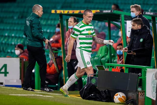 Celtic's Scott Brown shows his dejection as he is replaced after an hour of Celtic's shambolic 4-1 filleting by Sparta Prague (Photo by Craig Williamson / SNS Group)