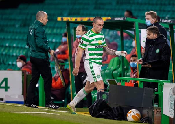 Celtic's Scott Brown shows his dejection as he is replaced after an hour of Celtic's shambolic 4-1 filleting by Sparta Prague (Photo by Craig Williamson / SNS Group)
