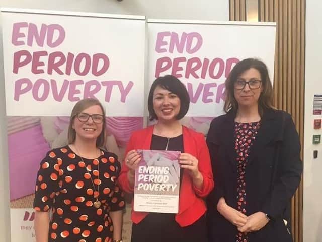 Campaigning - Carluke councillor Lynsey Hamilton, Monica Lennon MSP and Lesley Ewing, youth worker at Kirkton Church, Carluke.