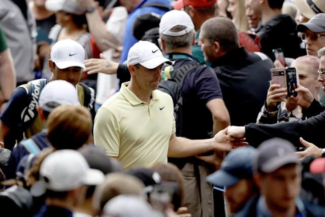 Rory McIlroy interacts with fans during the final round of the BMW PGA Championship at Wentworth Club. Picture: Warren Little/Getty Images.