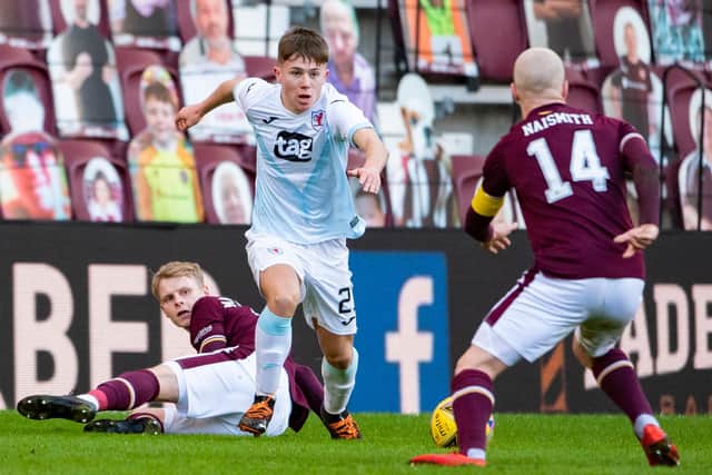 Raith Rovers debutant Kai Kennedy takes on Hearts captain Steven Naismith on Saturday.
