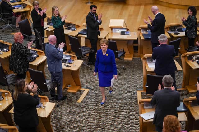 Nicola Sturgeon, First Minister of Scotland, is seen leaving the chamber following her final First Ministers Questions. Picture: Peter Summers/Getty Images